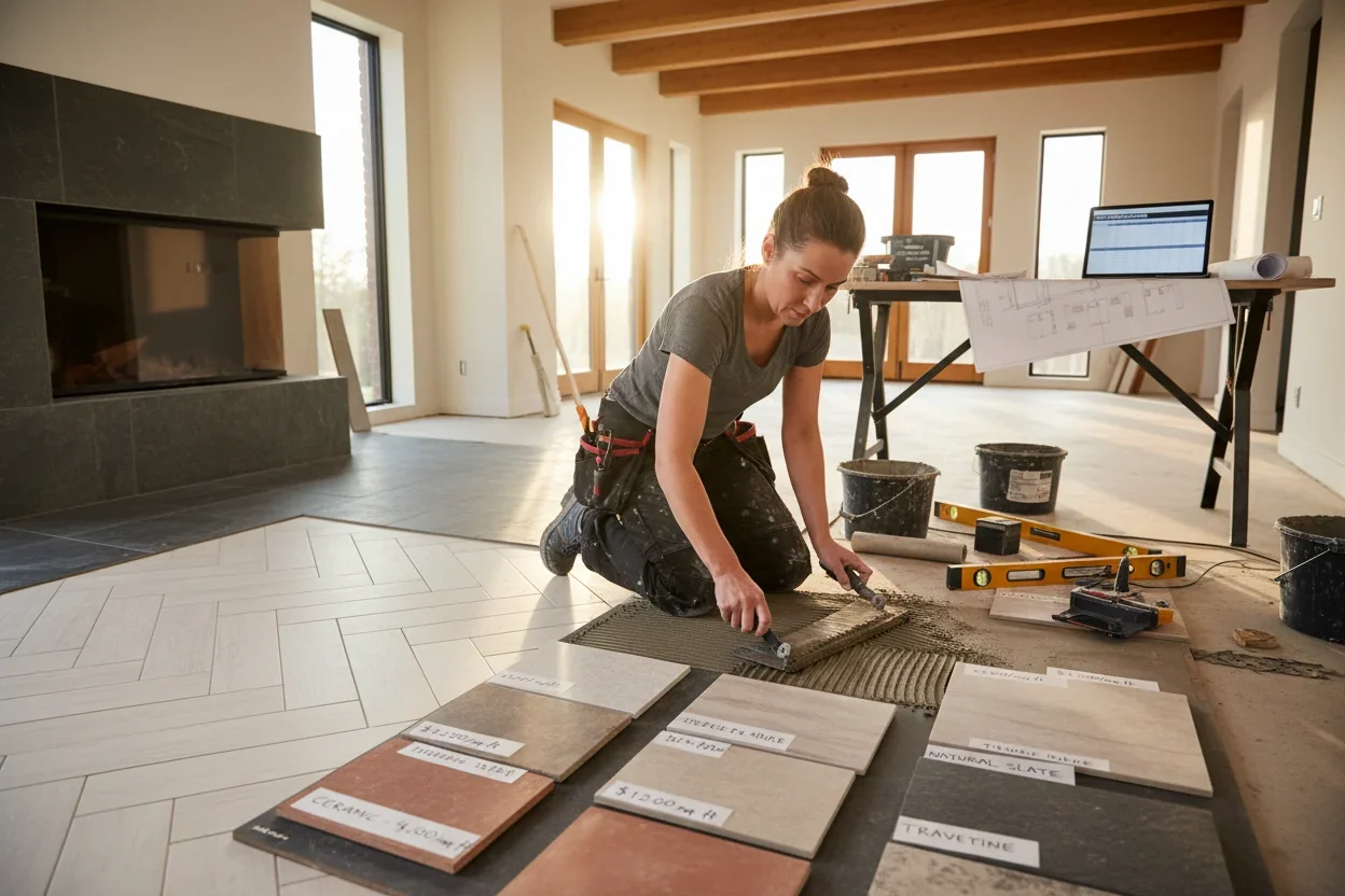 Flislegger i arbeid med nytt gulv i bolig